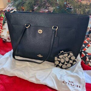 Coach Folio Tote Bag Black Leather NWOT & dustbag and bonus Coach Coin purse